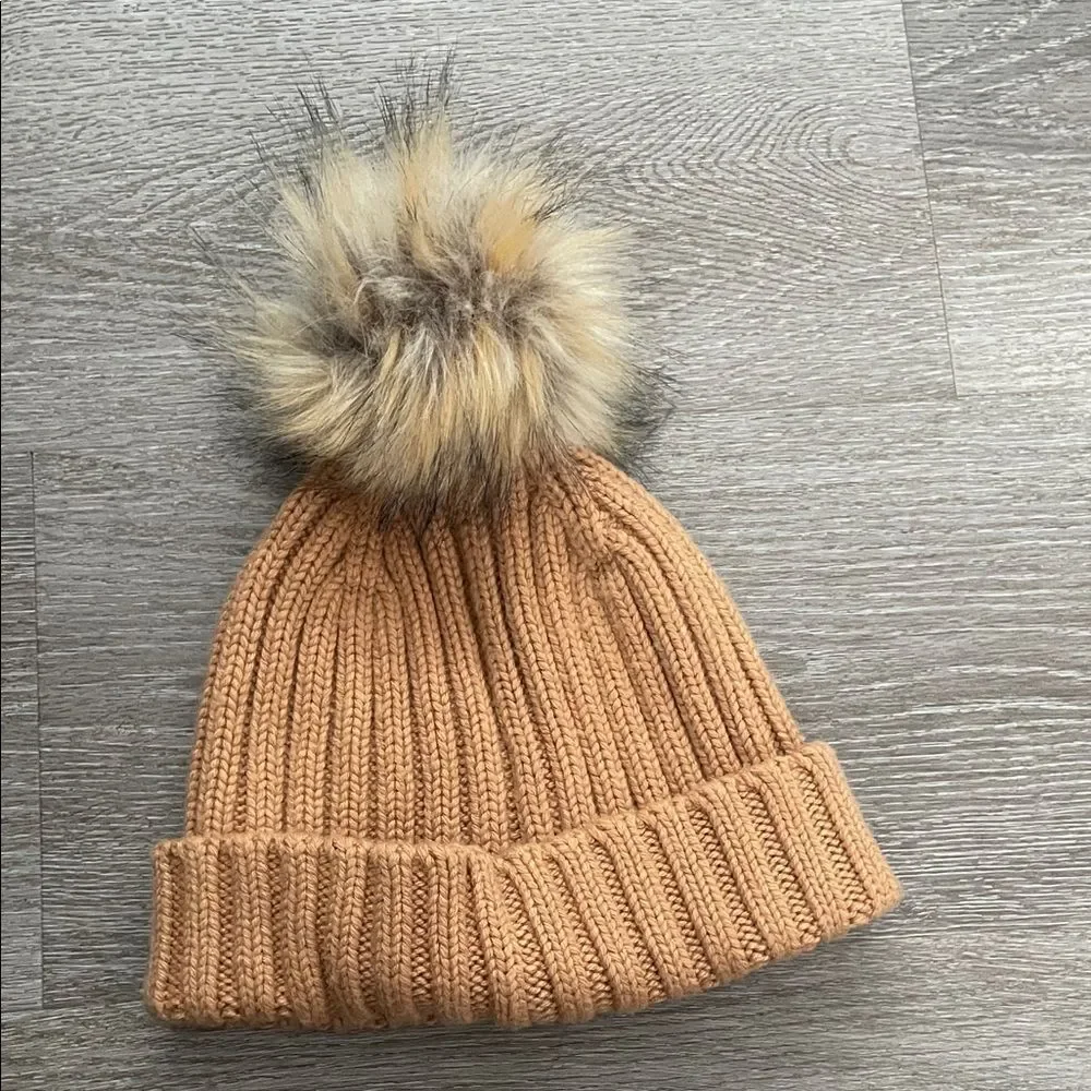 J.Crew Cozy Tan Knit Pom-Pom Beanie for Kids OS